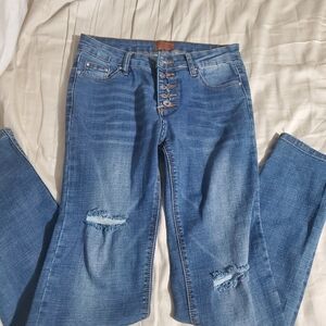 Classic Blue Skinny Jeans with Distressed Details